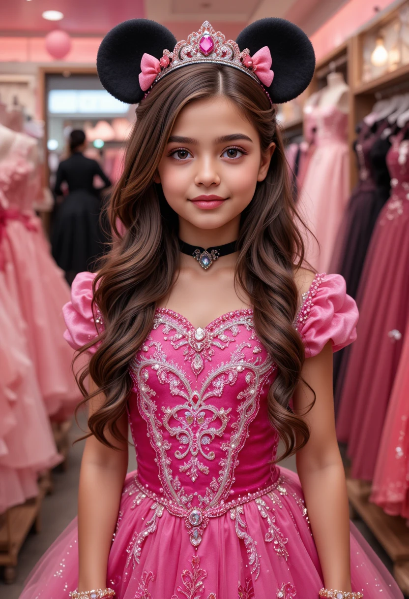 Young girl in pink Minnie gown at dress shop