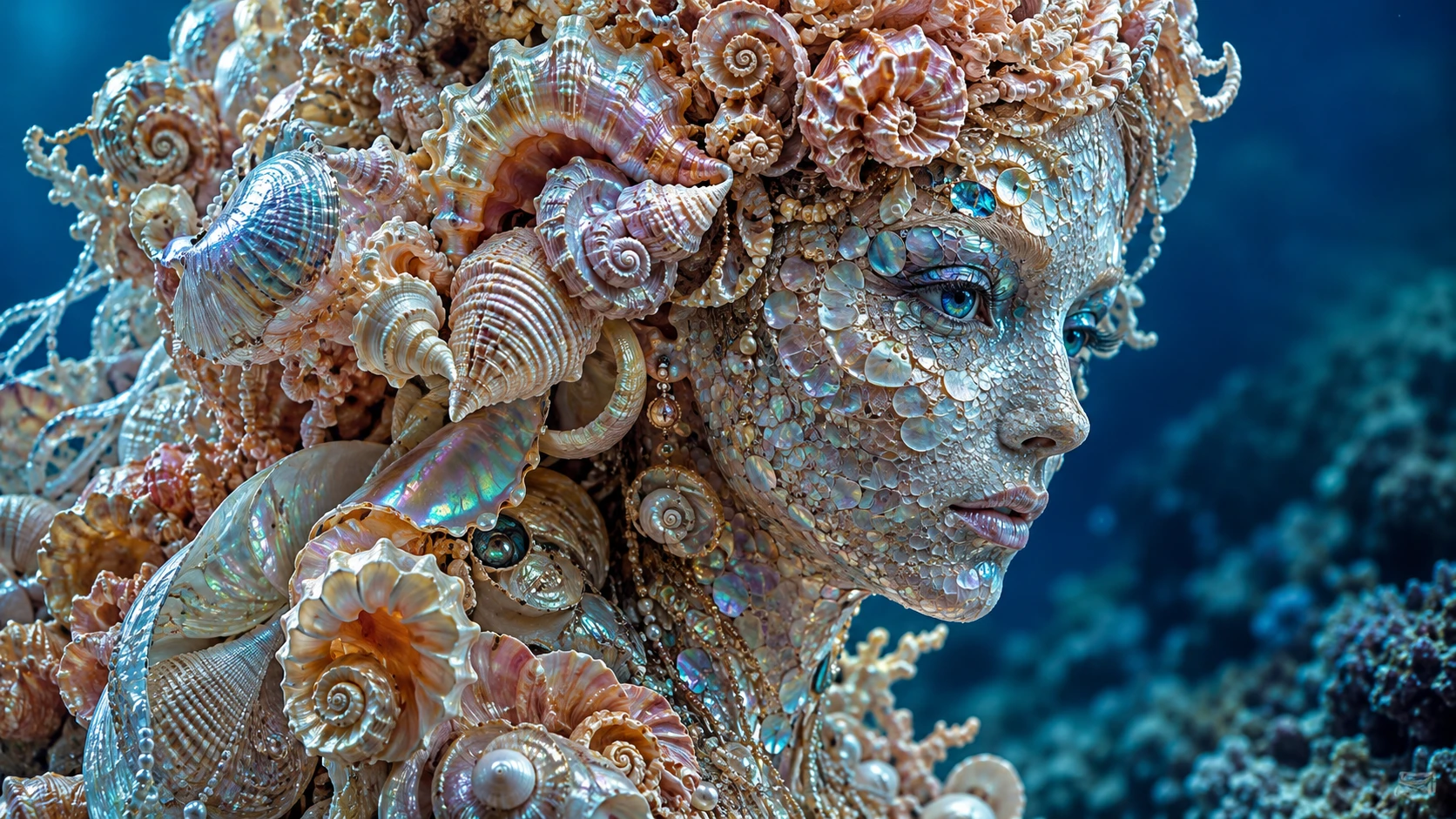 Surreal seashell woman portrait in deep ocean blue scene