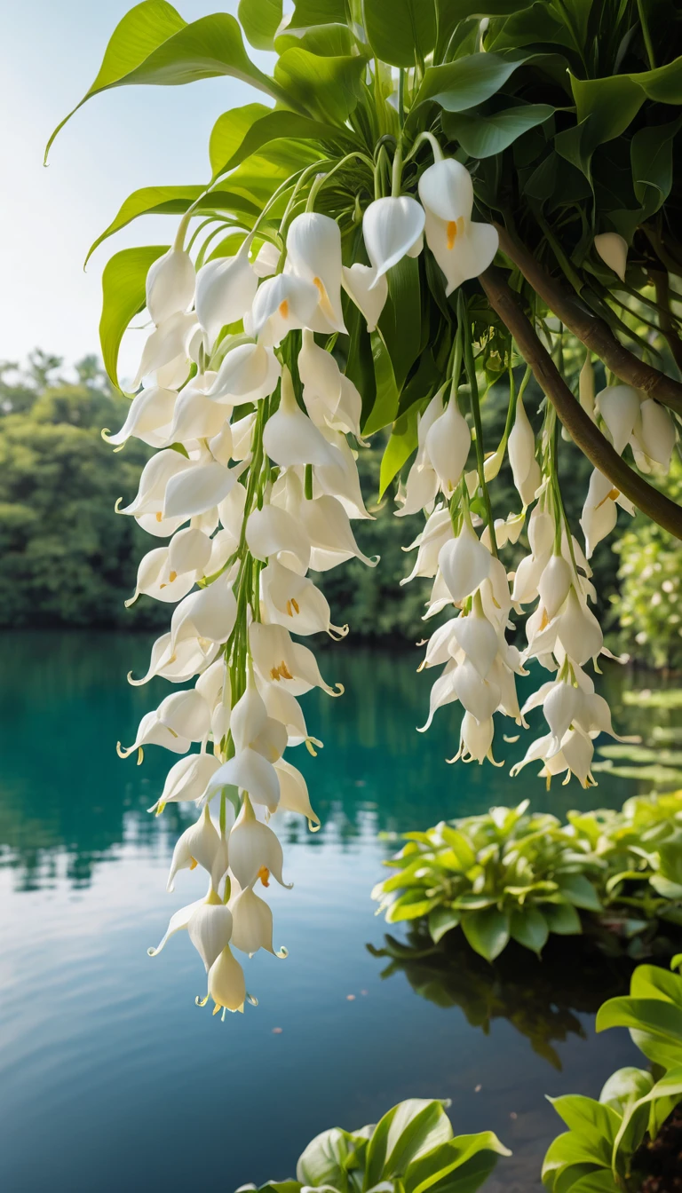 Flowering Tree Of White Calla Lilies By A Calm Lake