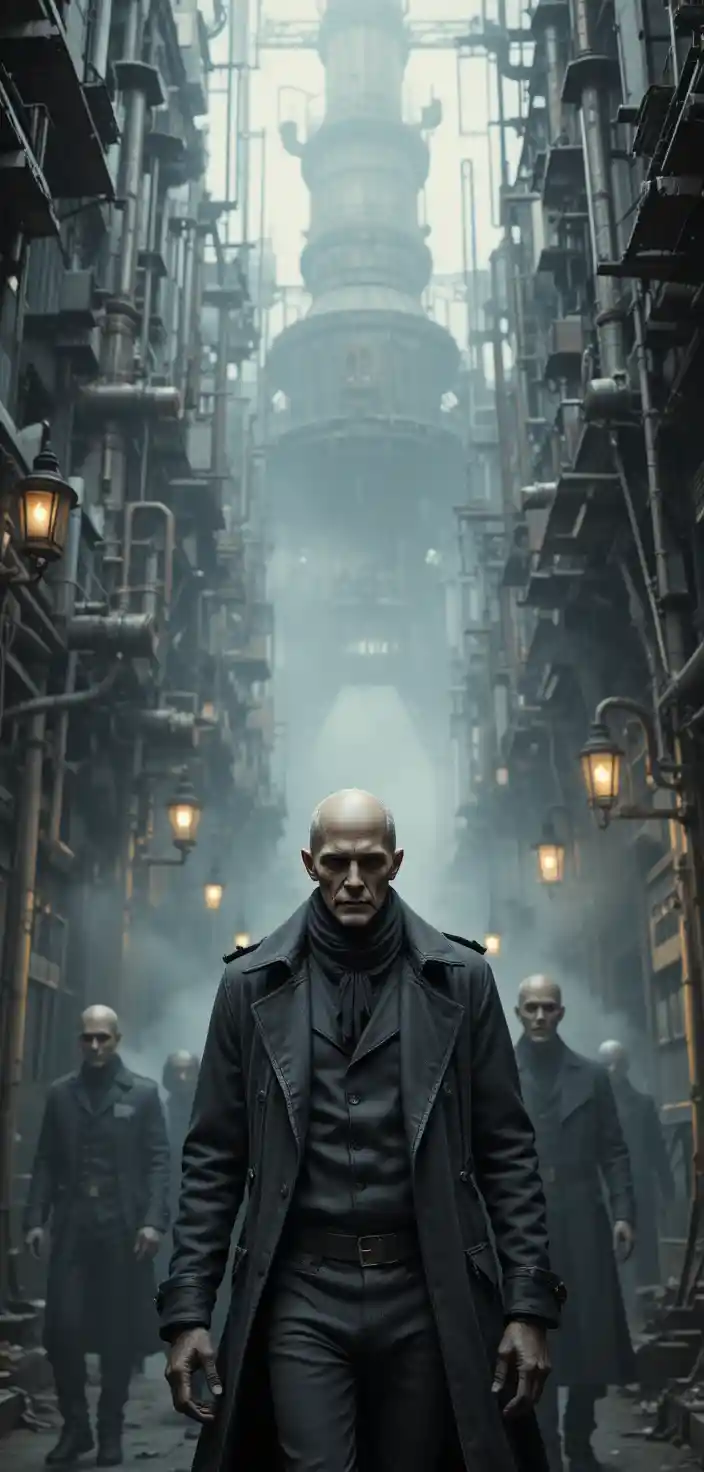 Gaunt figures marching through a dark industrial alley
