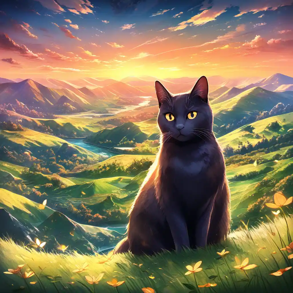 Black cat silhouette filled with glowing sunset landscape