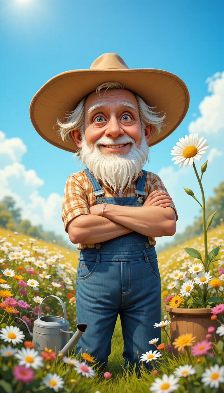 Smiling Elderly Farmer In A Sunny Wildflower Garden