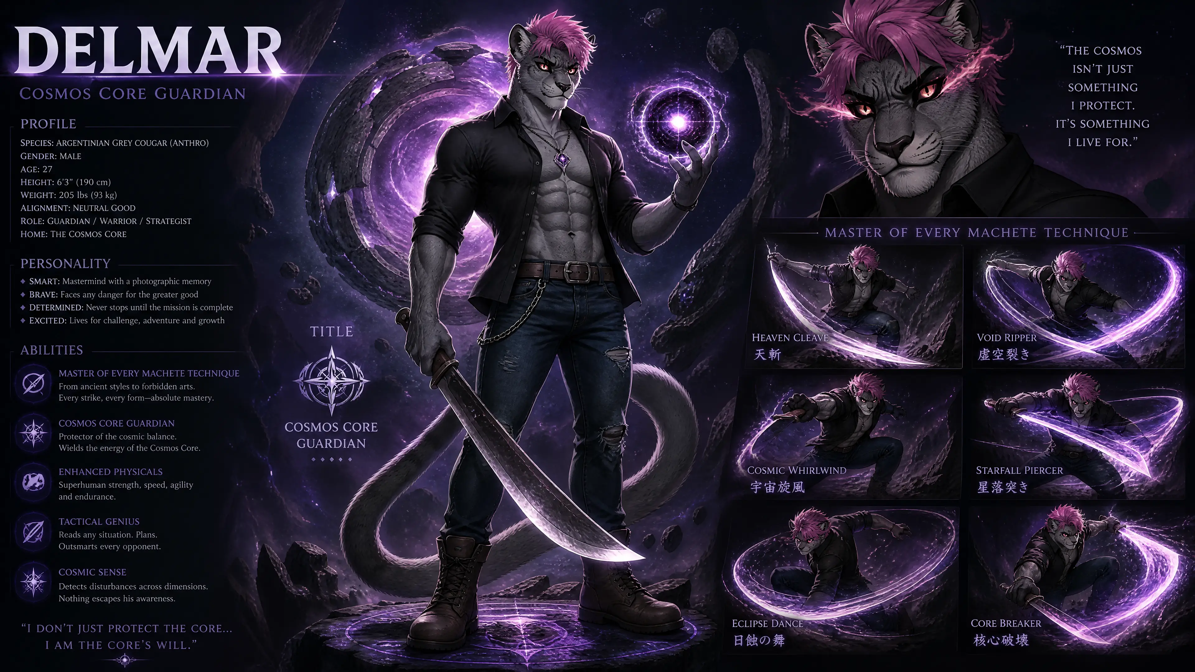 Anthro grey cougar warrior with pink hair and machete