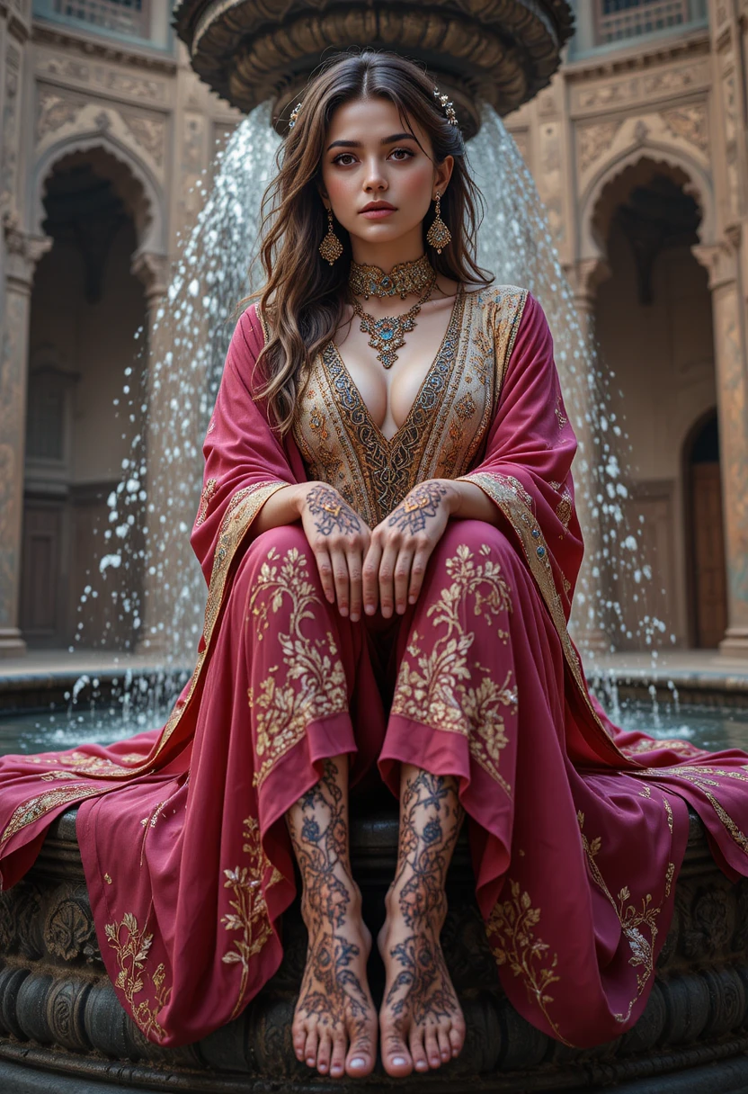 Arab woman in traditional dress seated by courtyard fountain