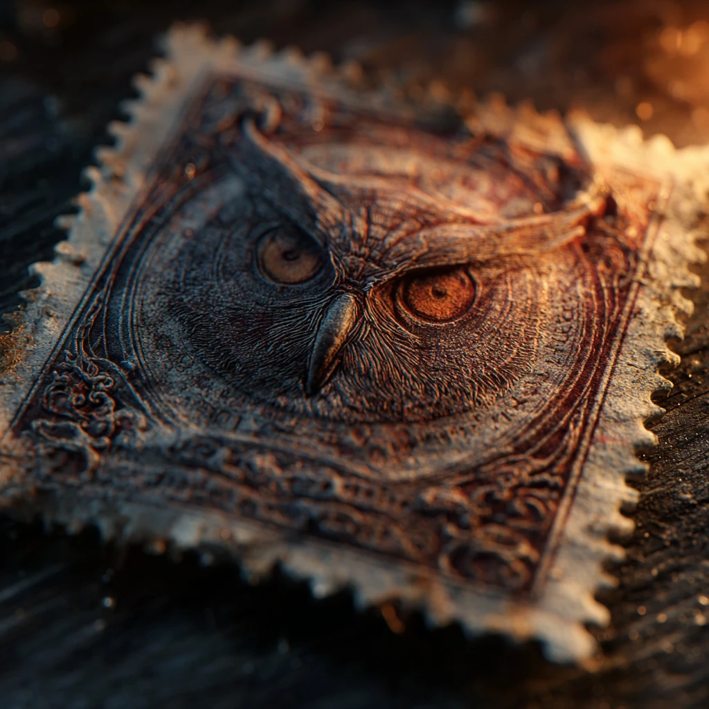 Vintage owl postage stamp on dark wooden desk