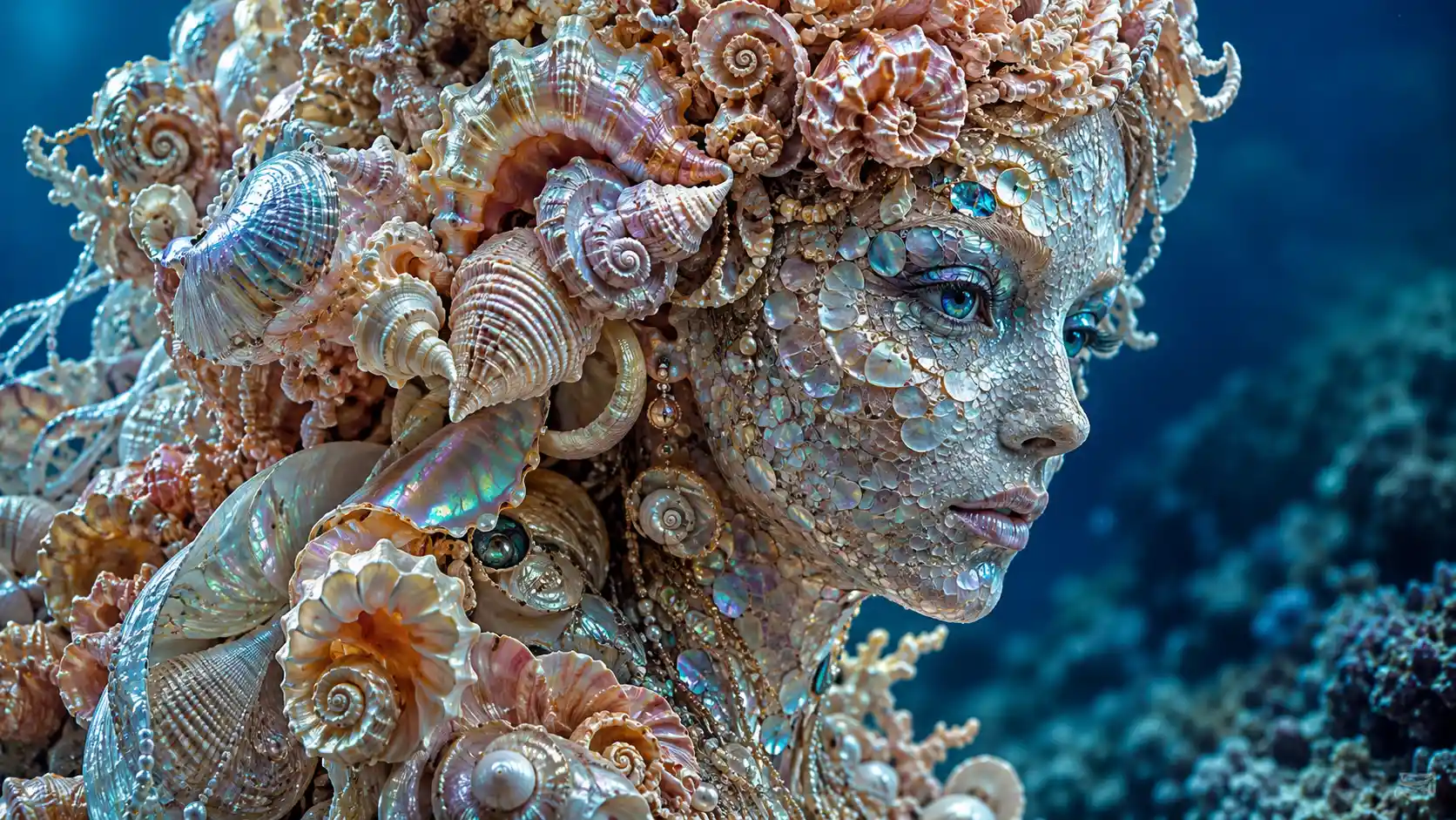 Surreal seashell woman portrait in deep ocean blue scene
