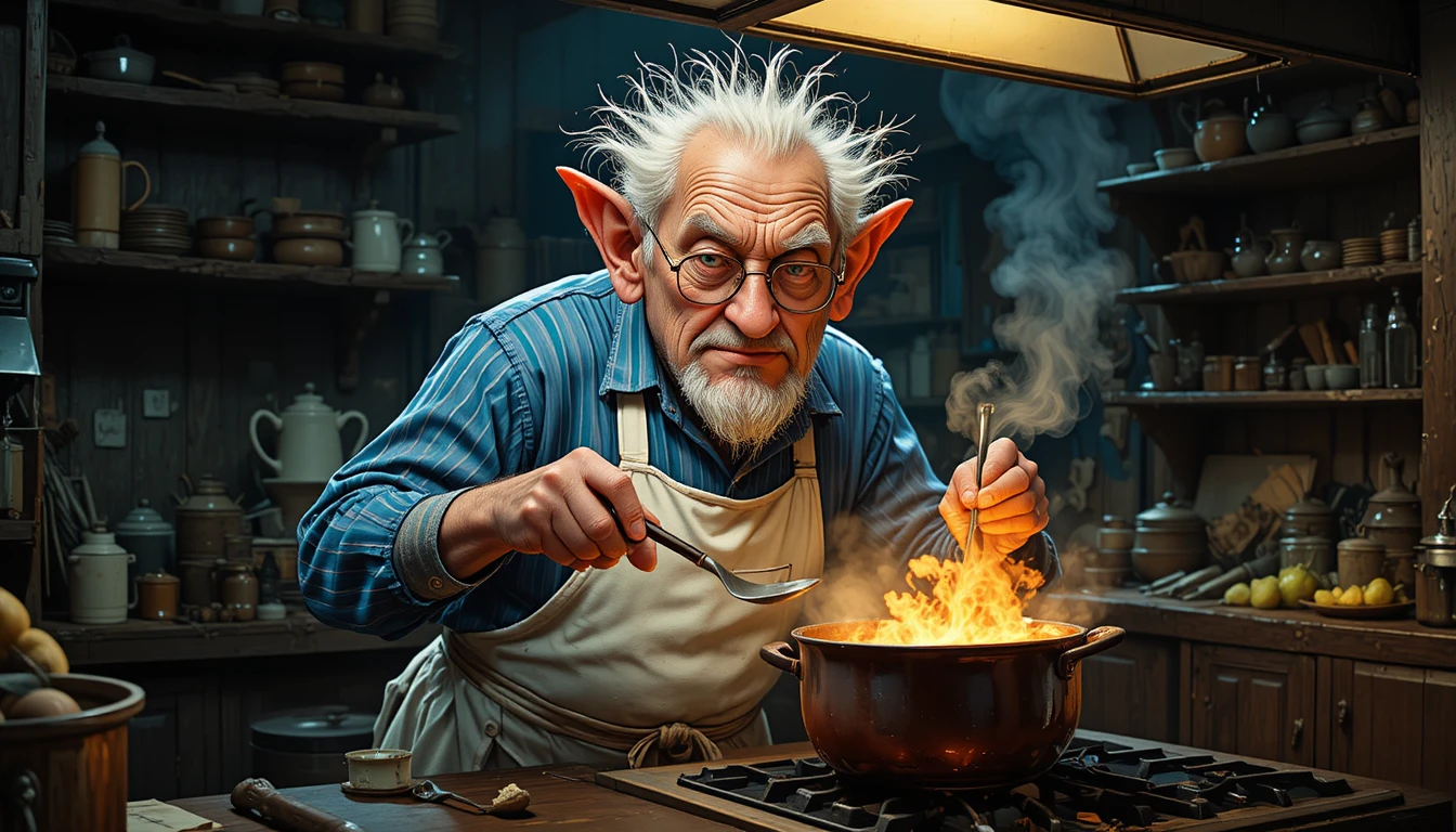 Elderly Chef Stirring A Bubbling Pot In Moody Kitchen