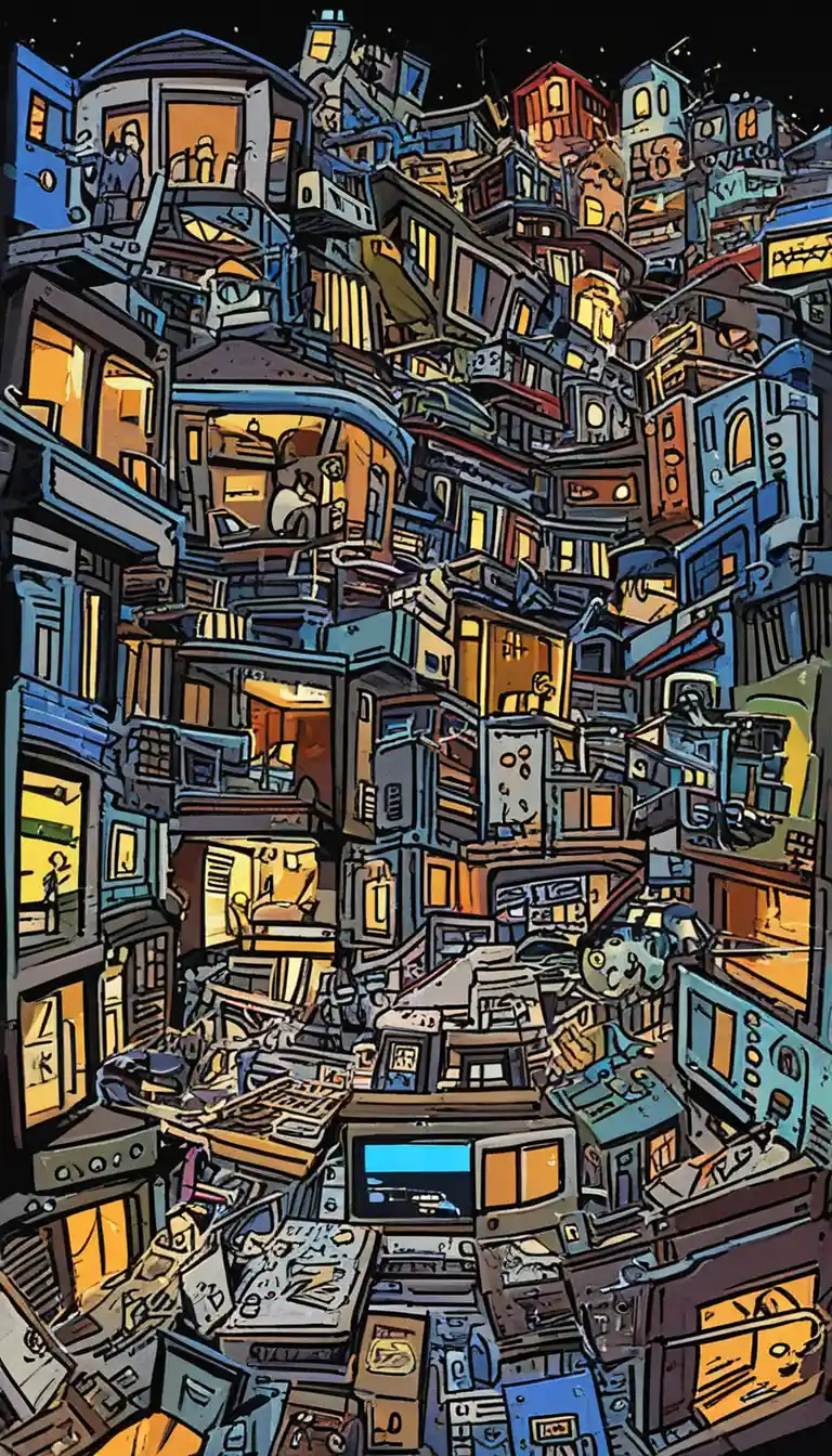 Comic scene of a van outside a small cottage house