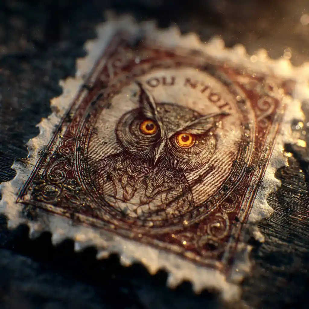 Vintage owl postage stamp on dark wooden desk