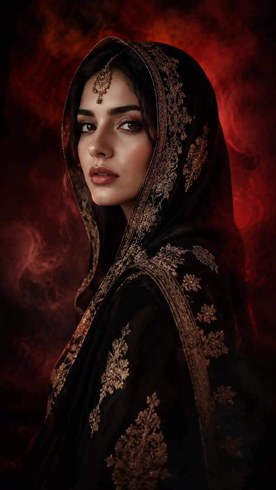 Woman in black and gold attire with red mystical backdrop
