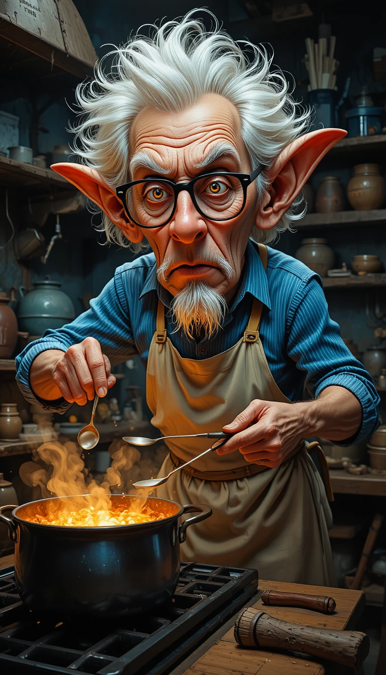 Eccentric elderly cook stirring a steaming pot at the stove