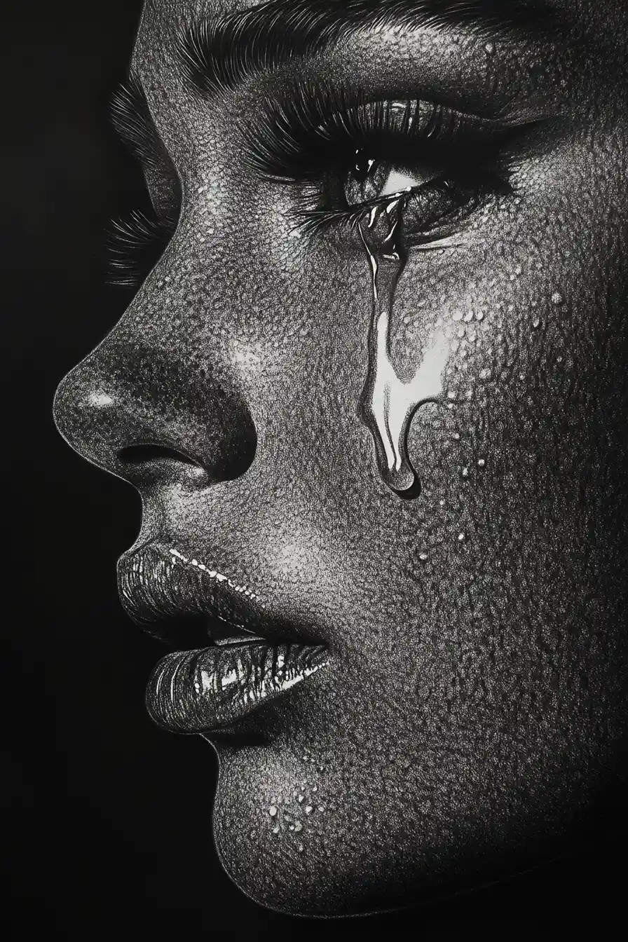 Charcoal profile portrait of a crying woman in deep shadow