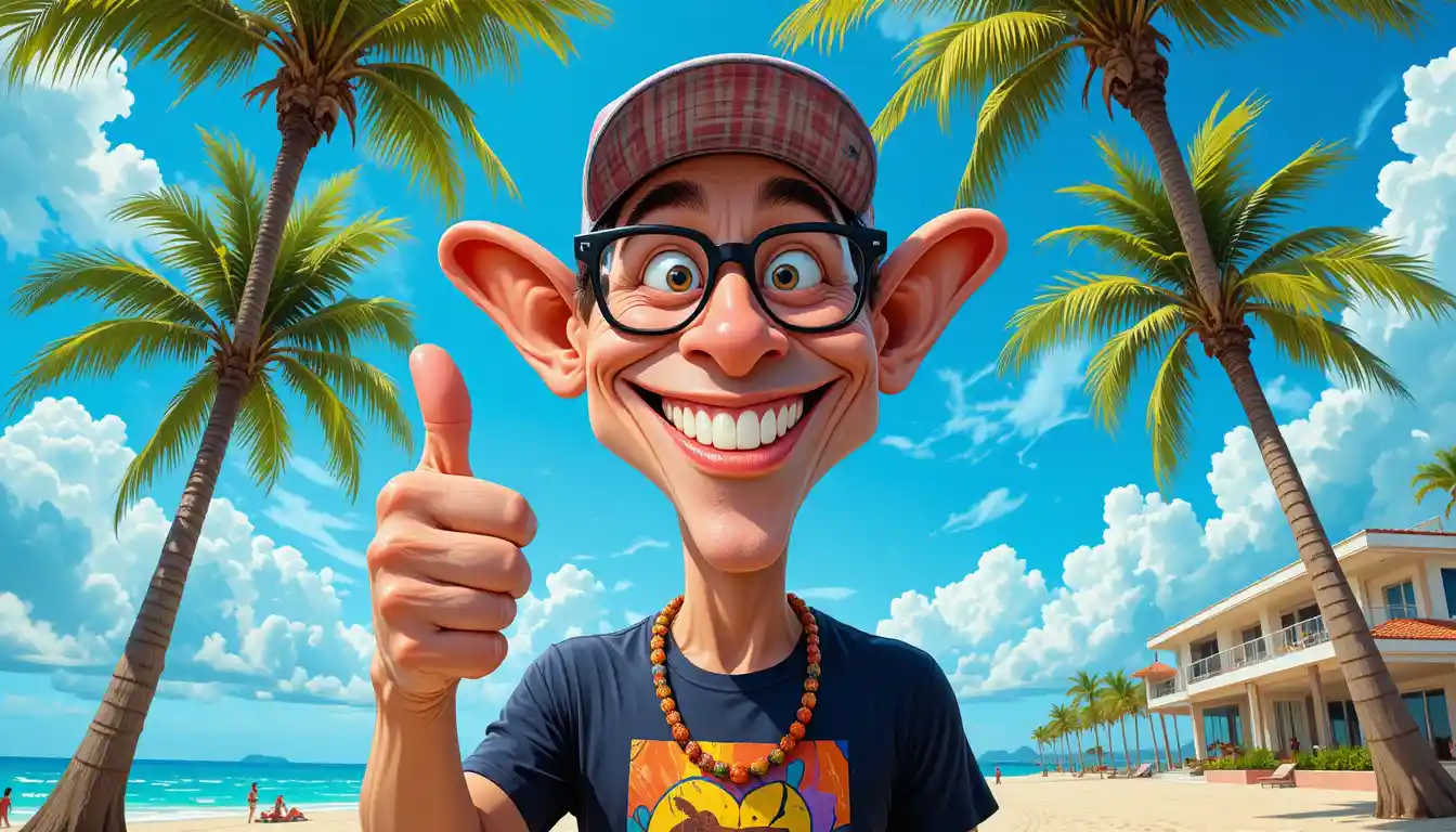 Cartoon man giving thumbs up on sunny tropical beach