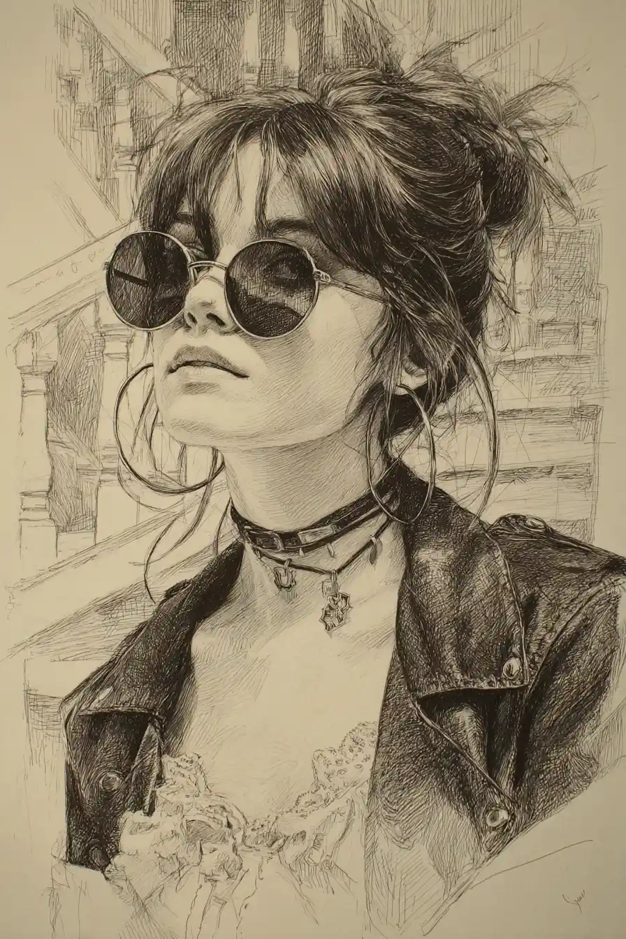 Pencil portrait of a girl in sunglasses and hoop earrings