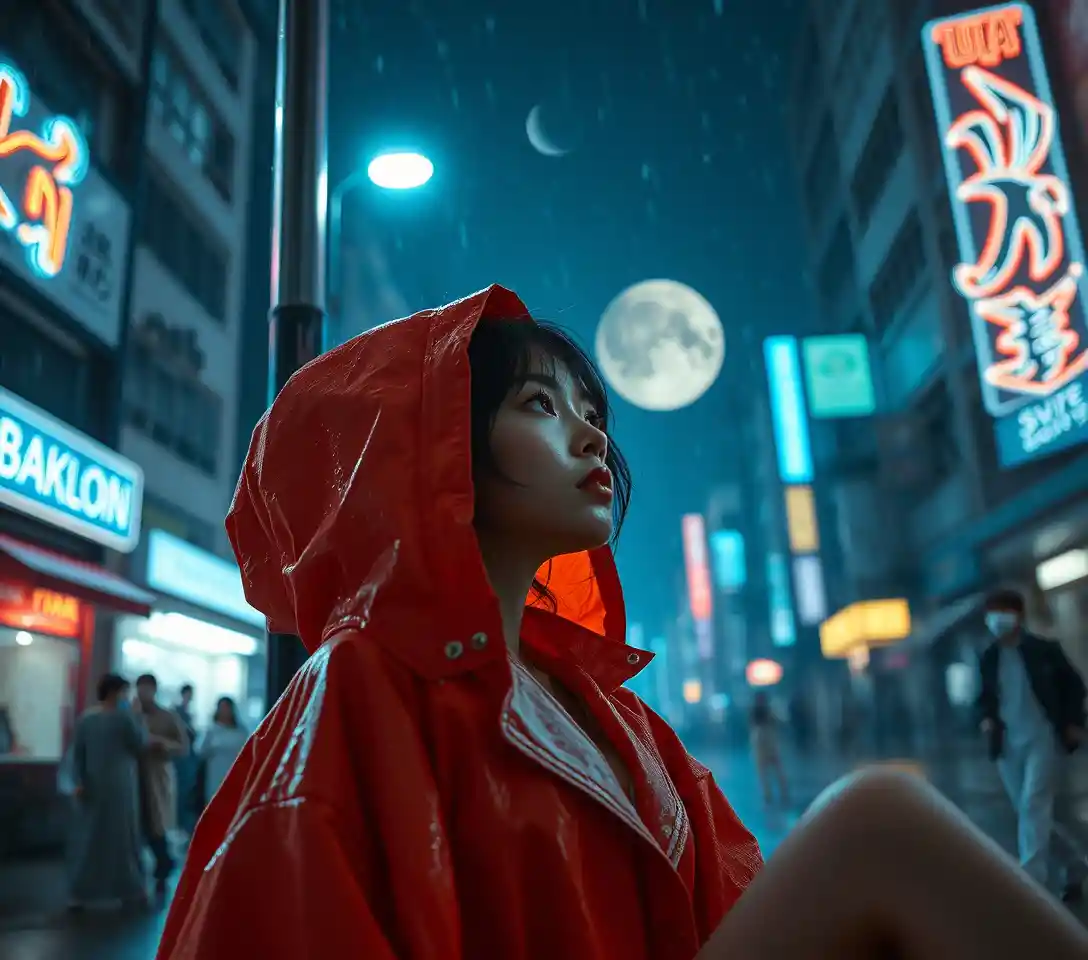 Woman in orange coat in a foggy neon city alley