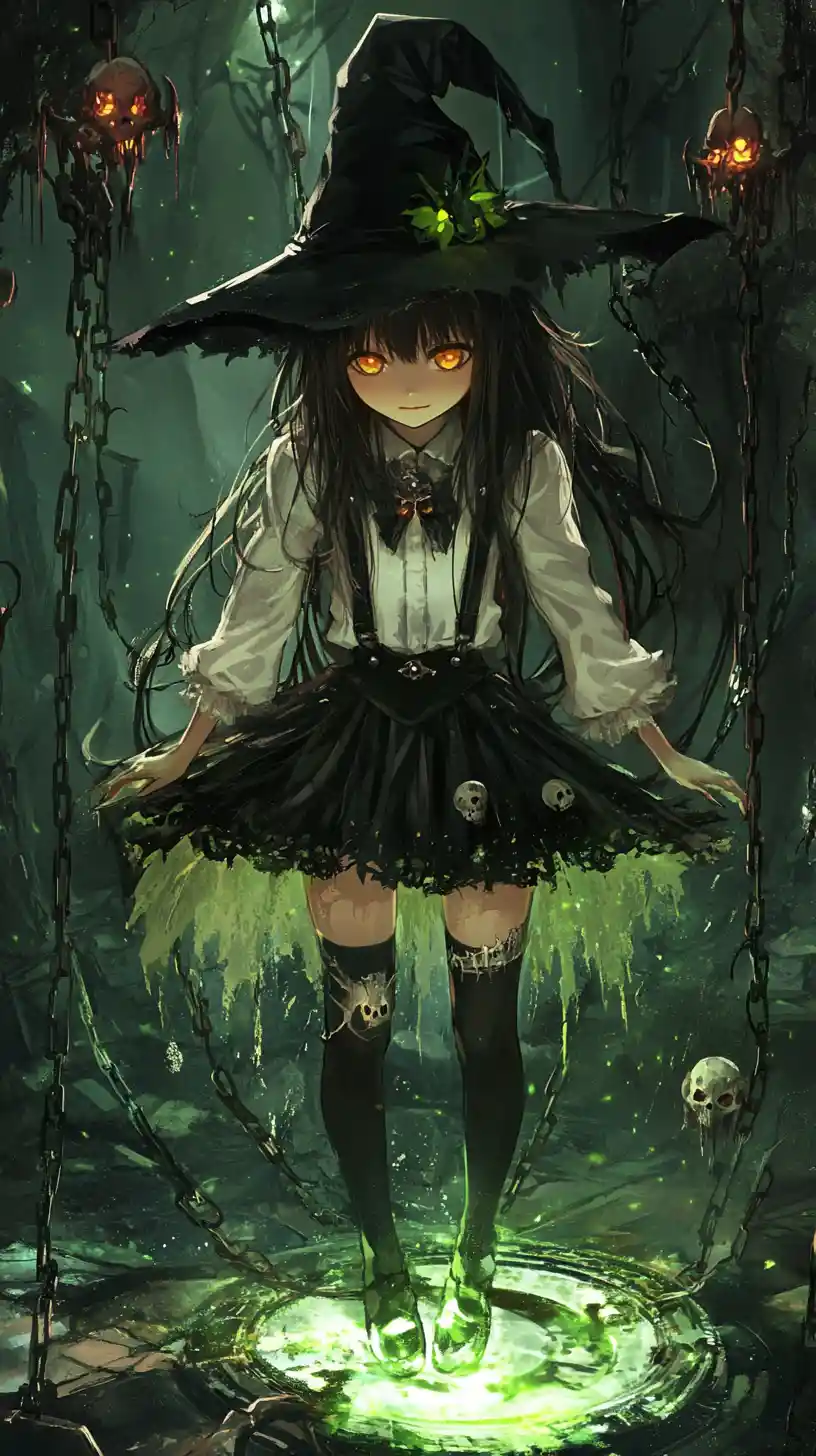 Anime witch girl with skull necklace and ruffled skirt