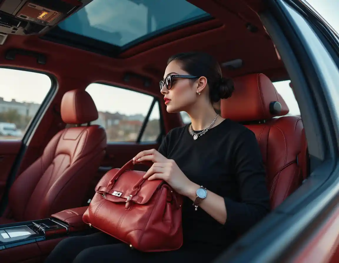 Elegant woman in red leather luxury car interior