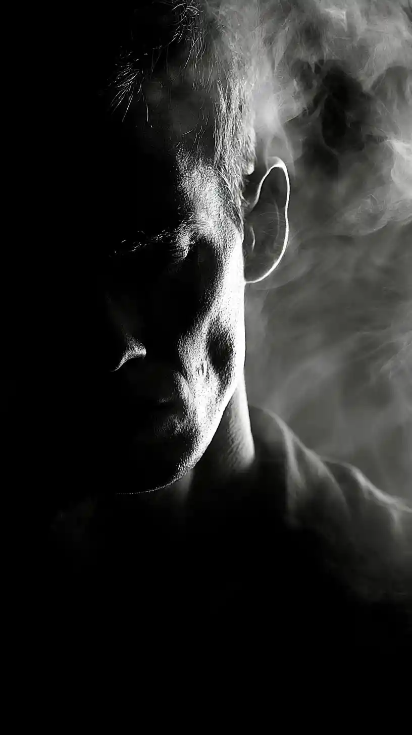 Contemplative figure amid swirling shadows and gentle light