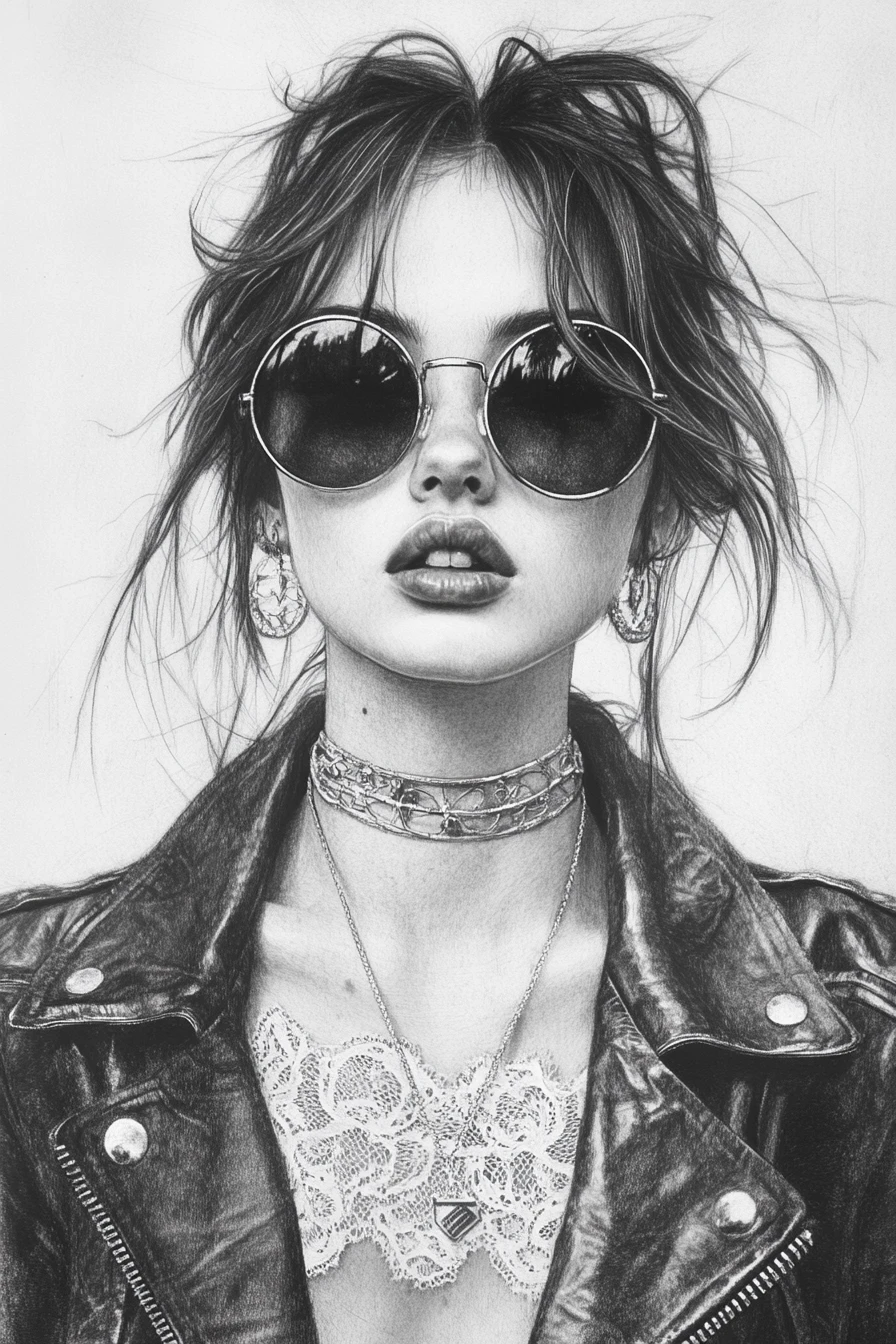Pencil portrait of a young woman in round sunglasses