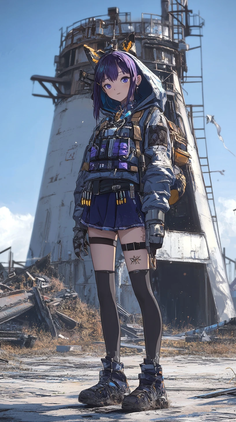 Anime girl standing by a steel hangar and tower