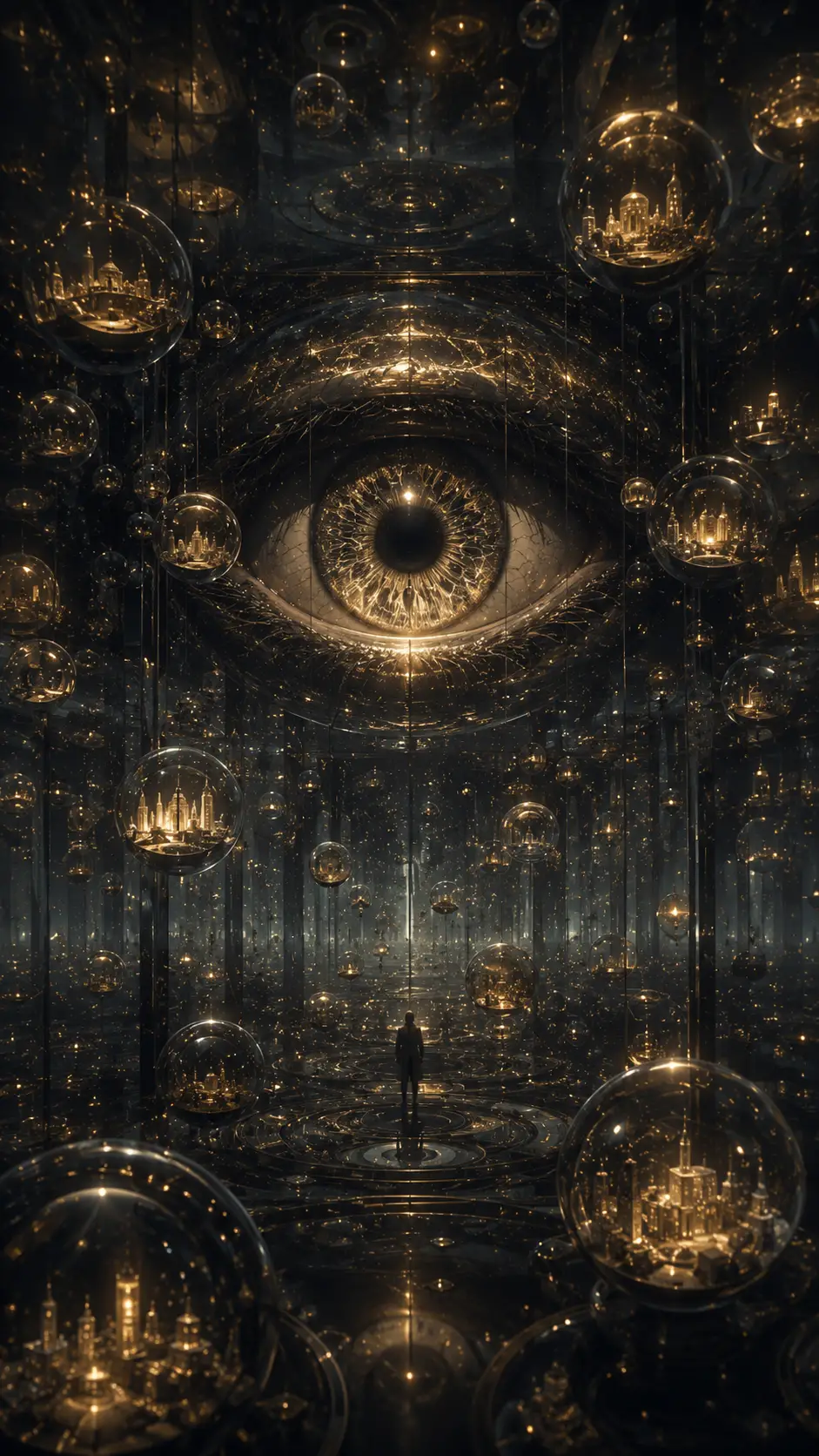 Colossal floating eye in infinite mirrored chamber