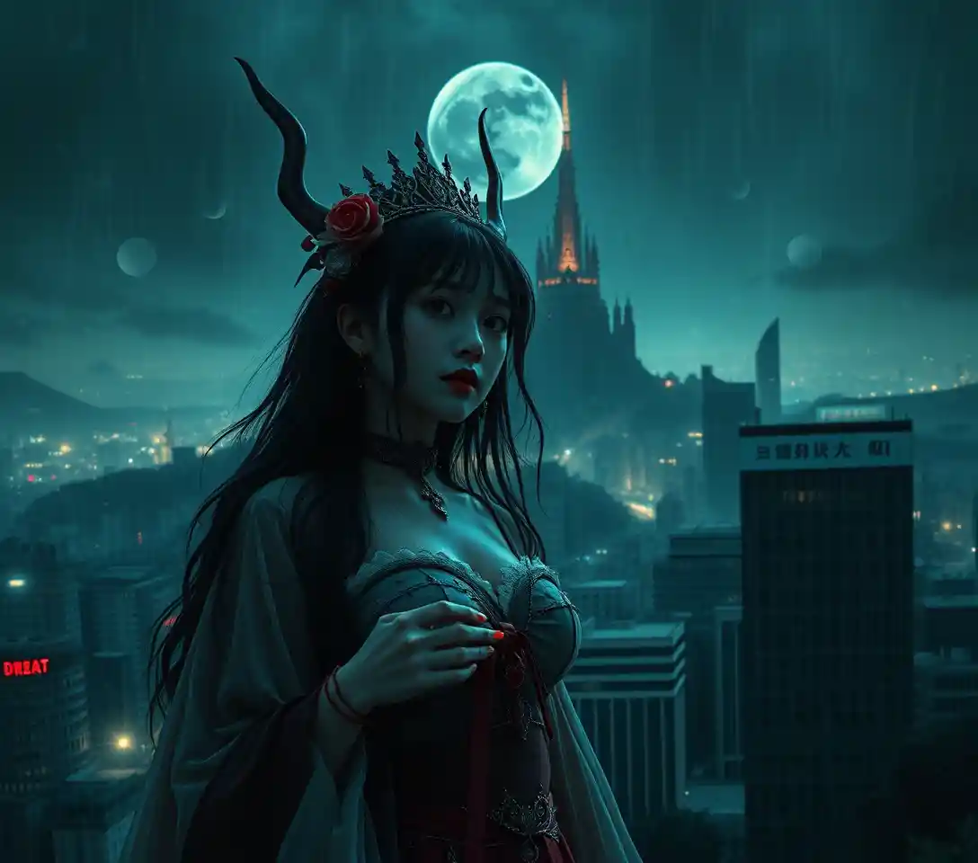 Sensual queen standing calmly in a cursed dark city