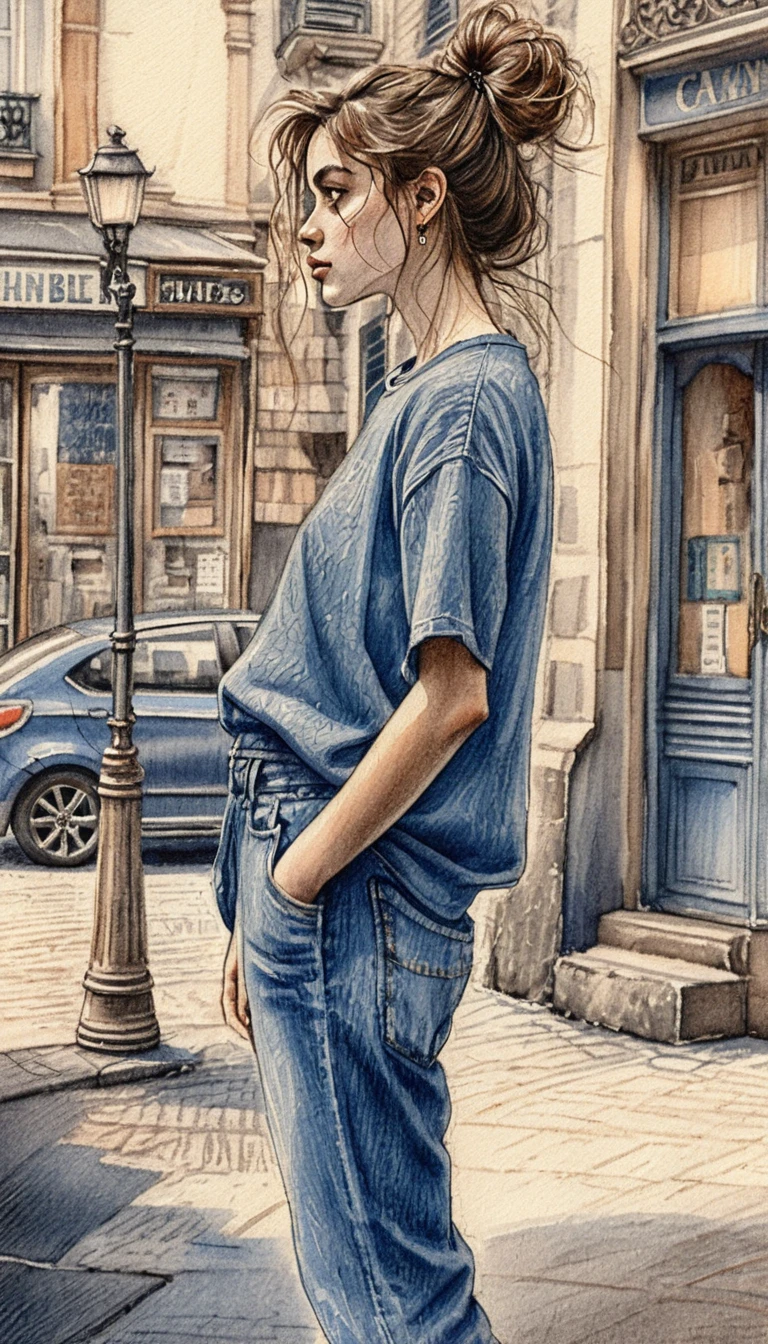 Young woman in blue streetwear on a European sidewalk