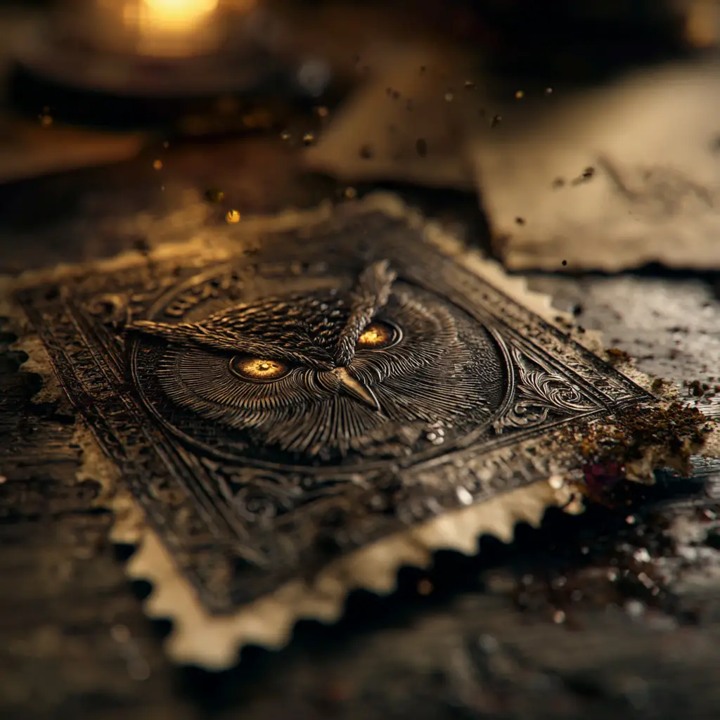 Vintage owl postage stamp on dark wooden desk