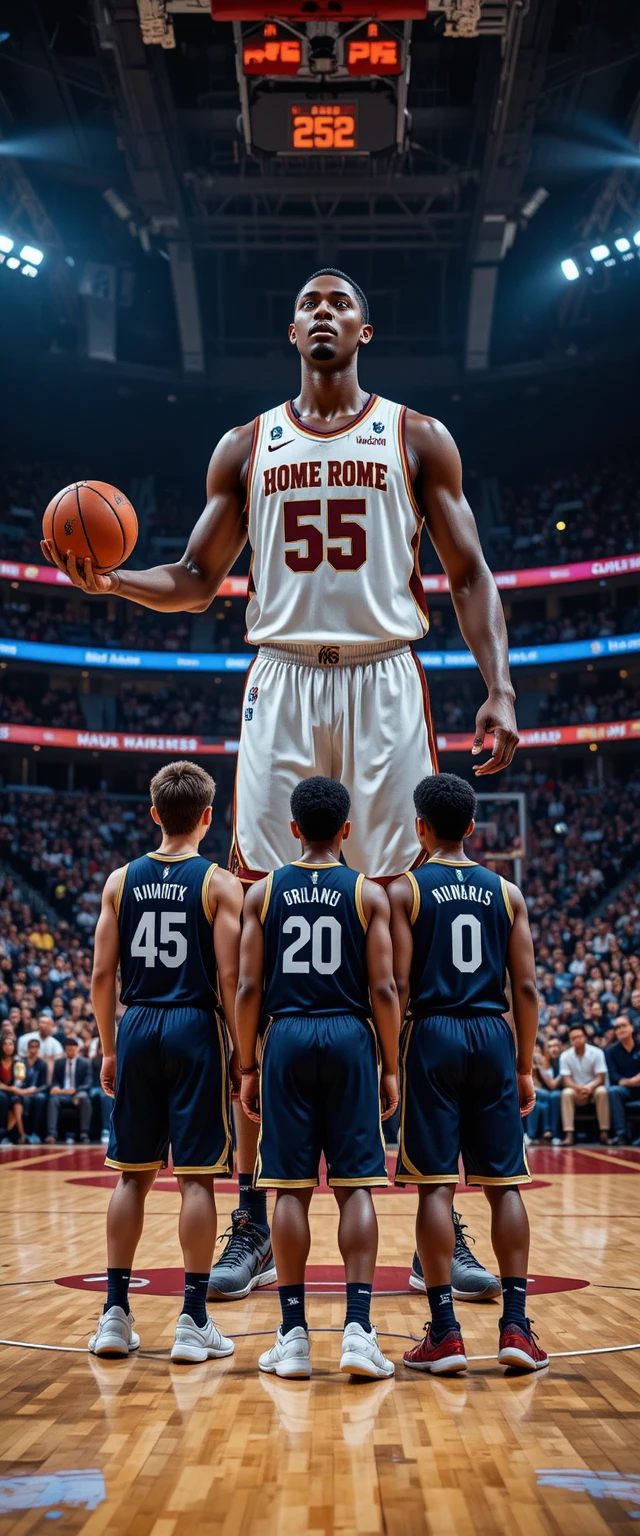 Tall basketball player facing young opponents on court