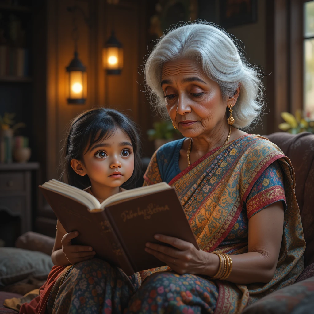 Grandmother Reading To A Curious Girl In Lantern Light