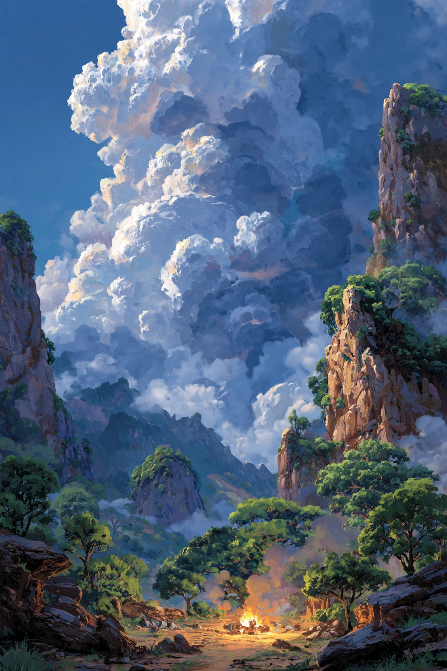Paisaje de bosque montañoso con nubes en forma de corazón sobre el desierto
