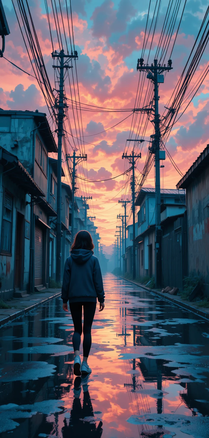 Anime girl walking through a rainy city alley at dusk