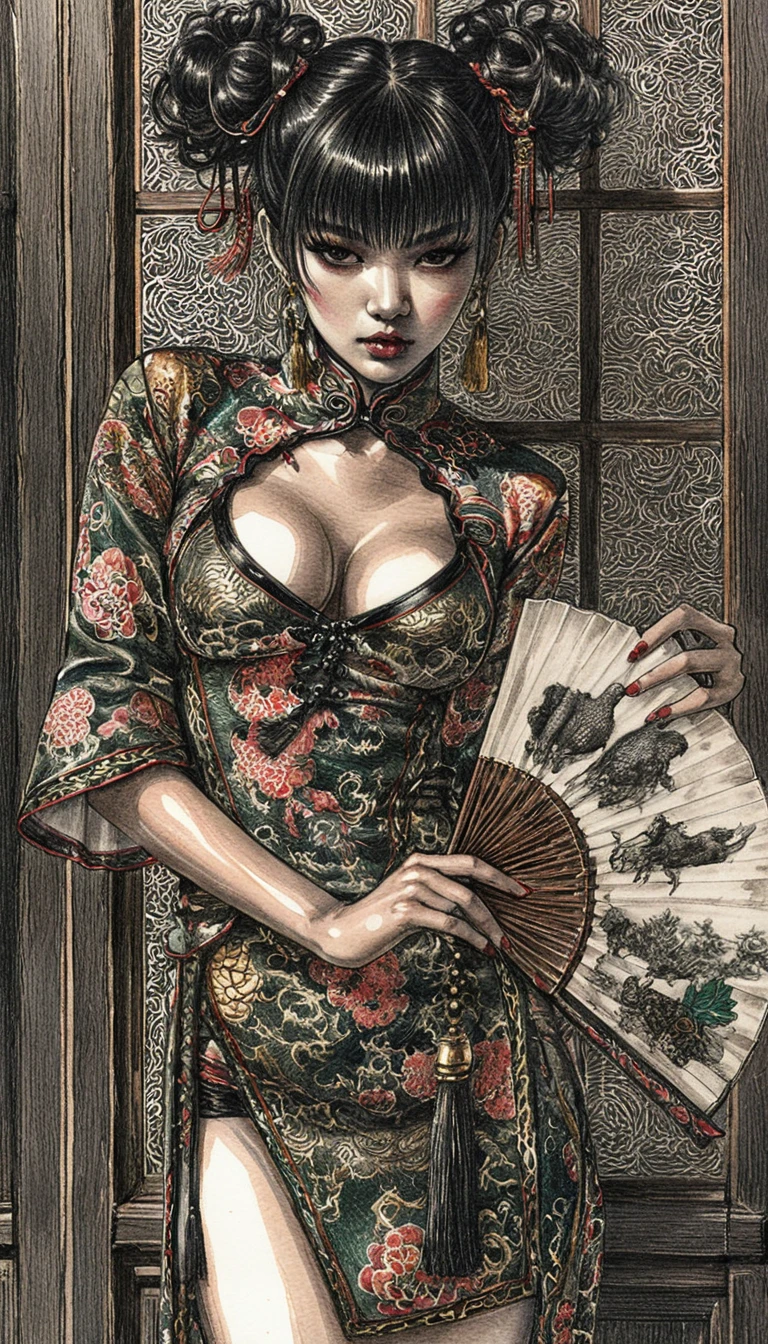 Dark haired woman in emerald cheongsam with fan