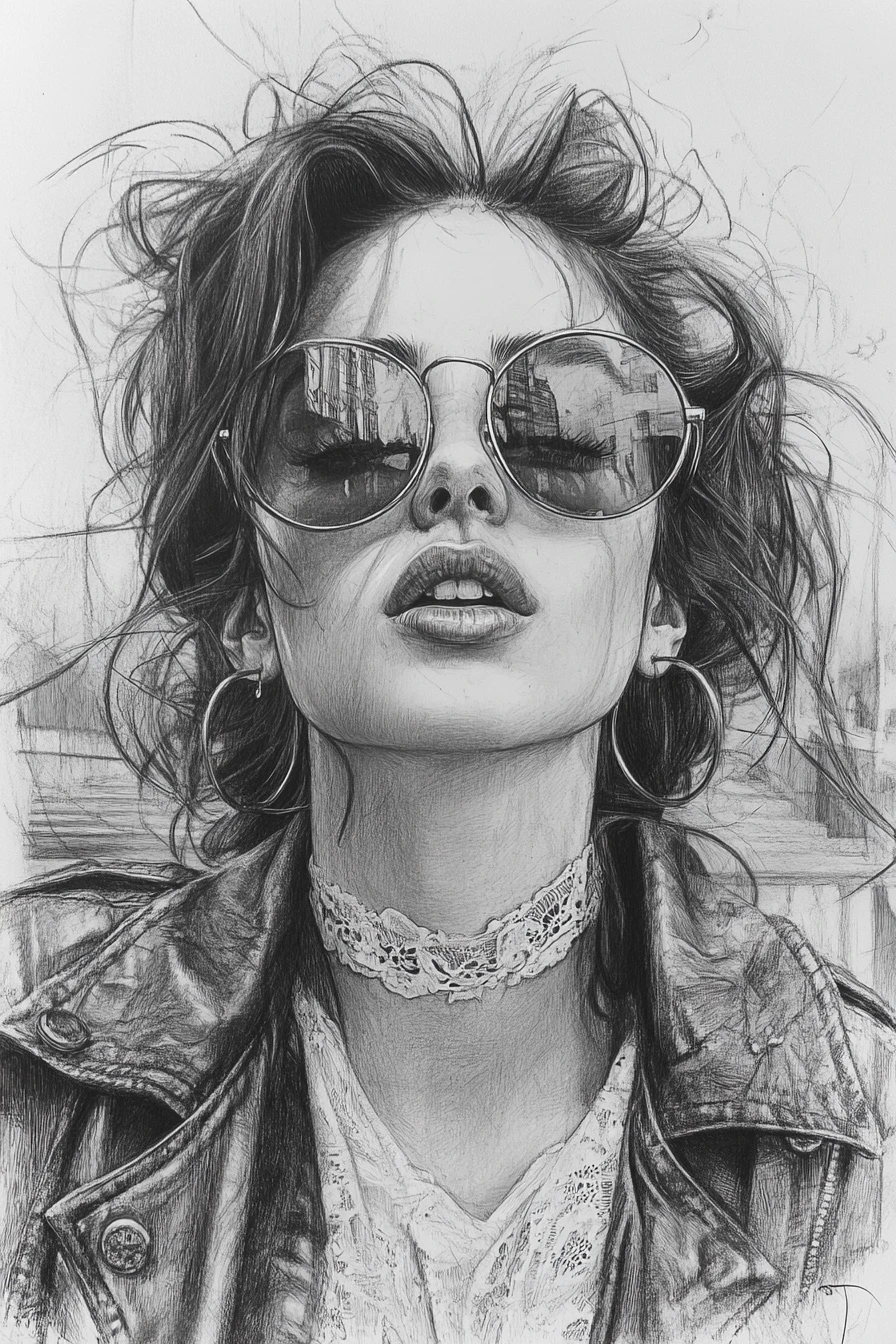 Pencil portrait of a girl in sunglasses and hoop earrings