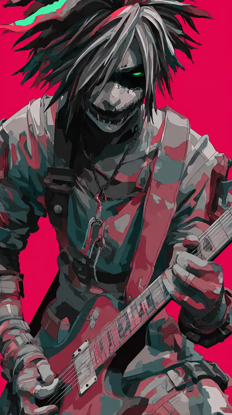 Anime-Rockgitarrist im dramatischen Scheinwerferlicht auf der Bühne