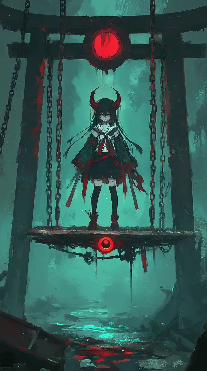 Anime girl on chained platform with glowing crystal pyramid
