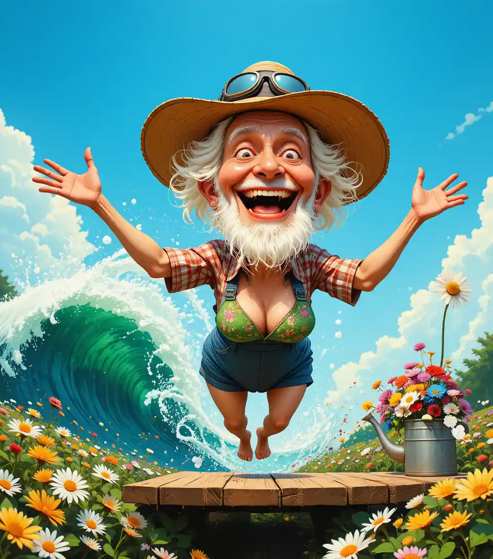 Elderly woman diving joyfully above crashing ocean waves