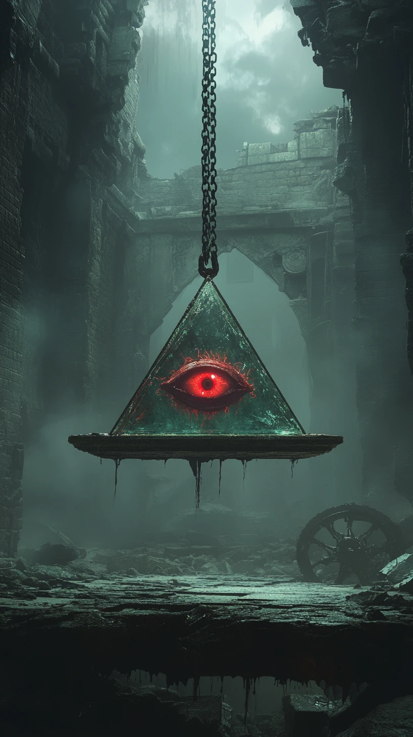Suspended platform with glowing eye pyramid in ruins