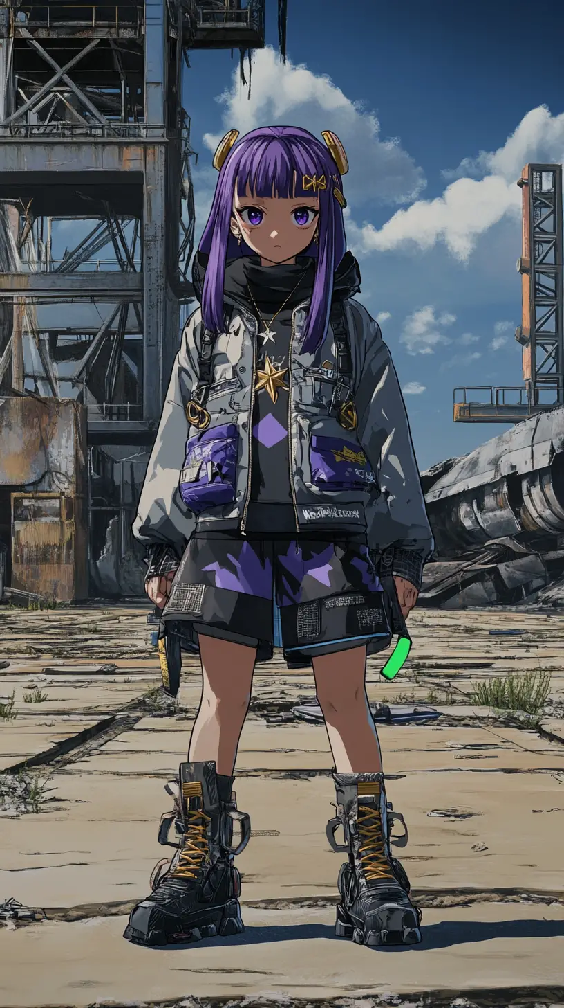 Anime girl by a steel hangar on an abandoned airfield
