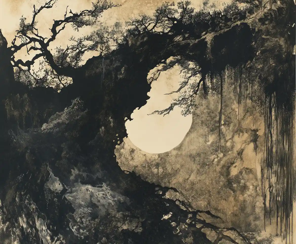Sepia ink painting with soft atmospheric calligraphic brushwork