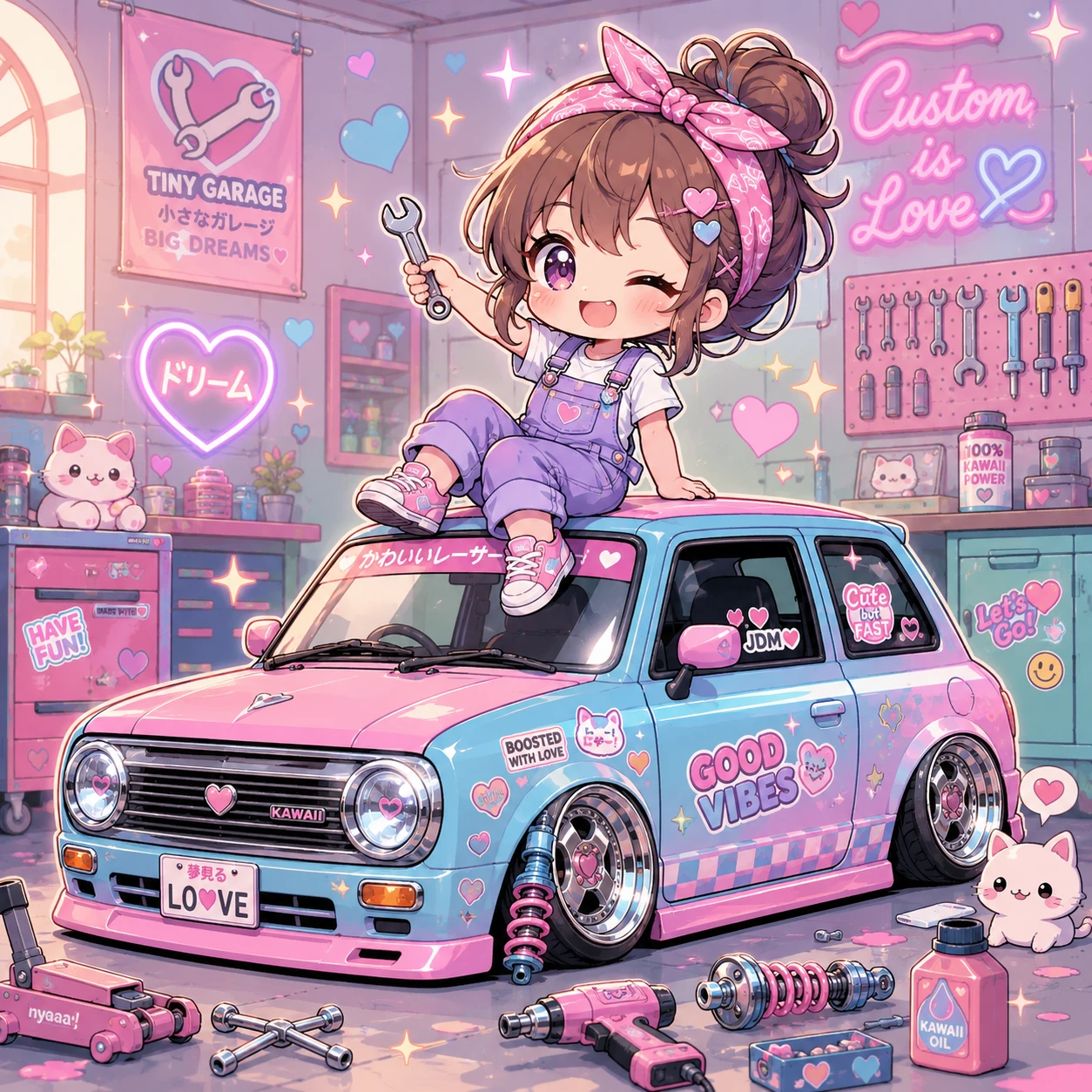 Cute anime girl mechanic sitting on a pastel custom car
