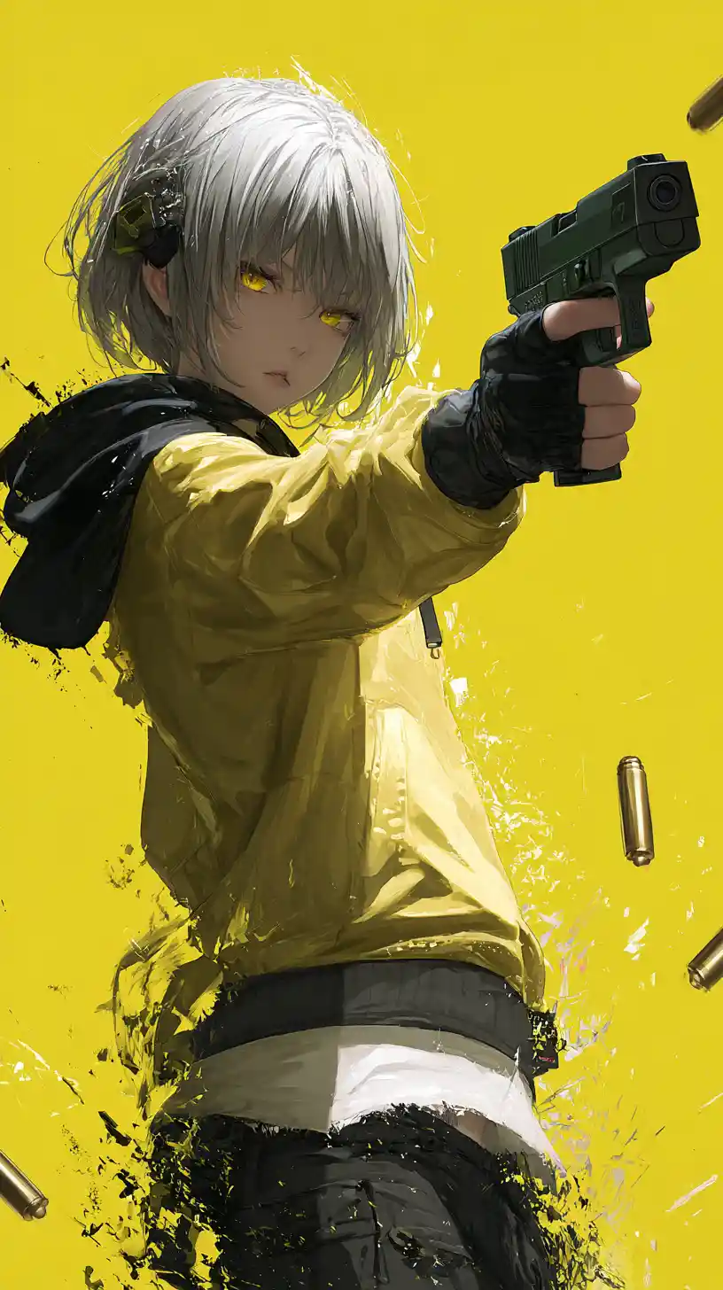 Anime girl aiming a submachine gun from low angle
