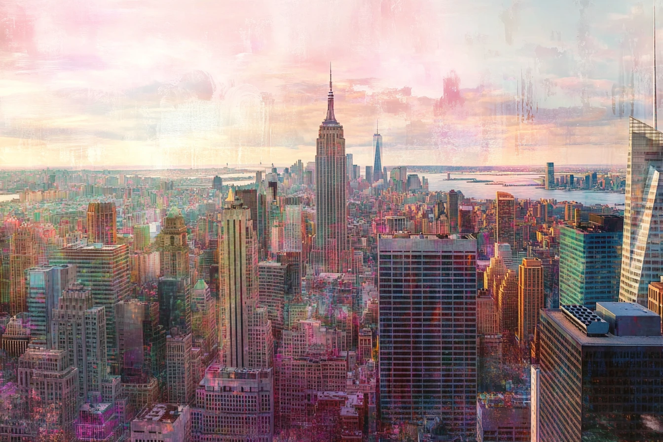 Dreamy pastel New York city skyline with urban nature
