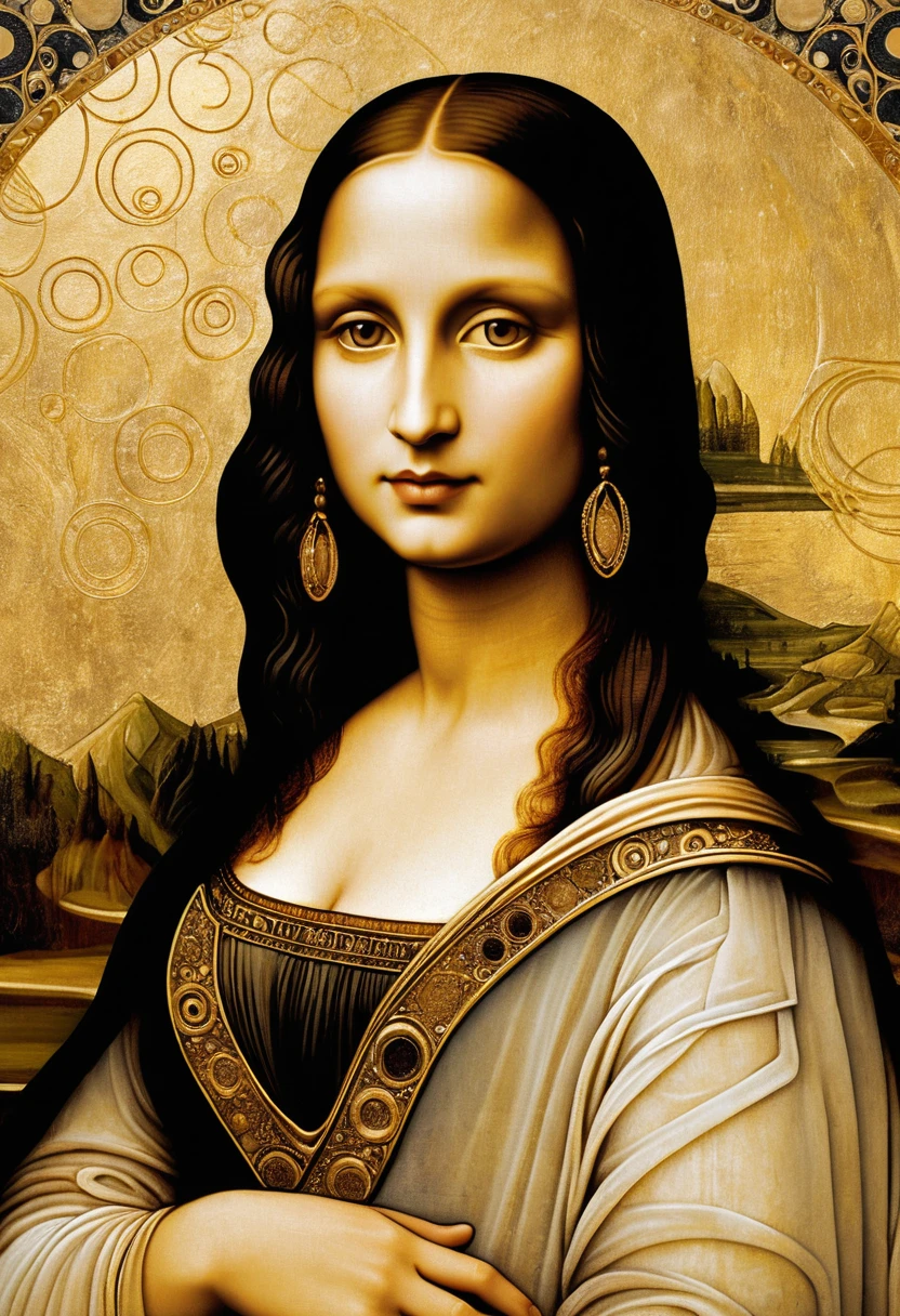 Mona Lisa reinterpretation with ornate Art Nouveau gold background