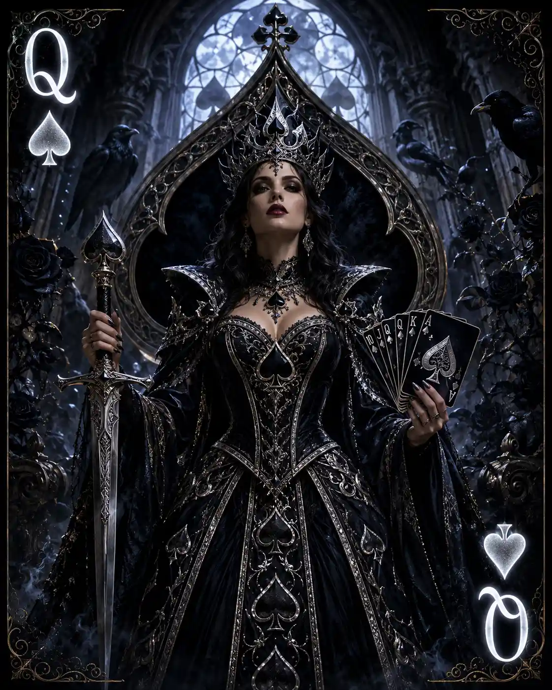 Gothic queen of spades on a throne with sword and cards