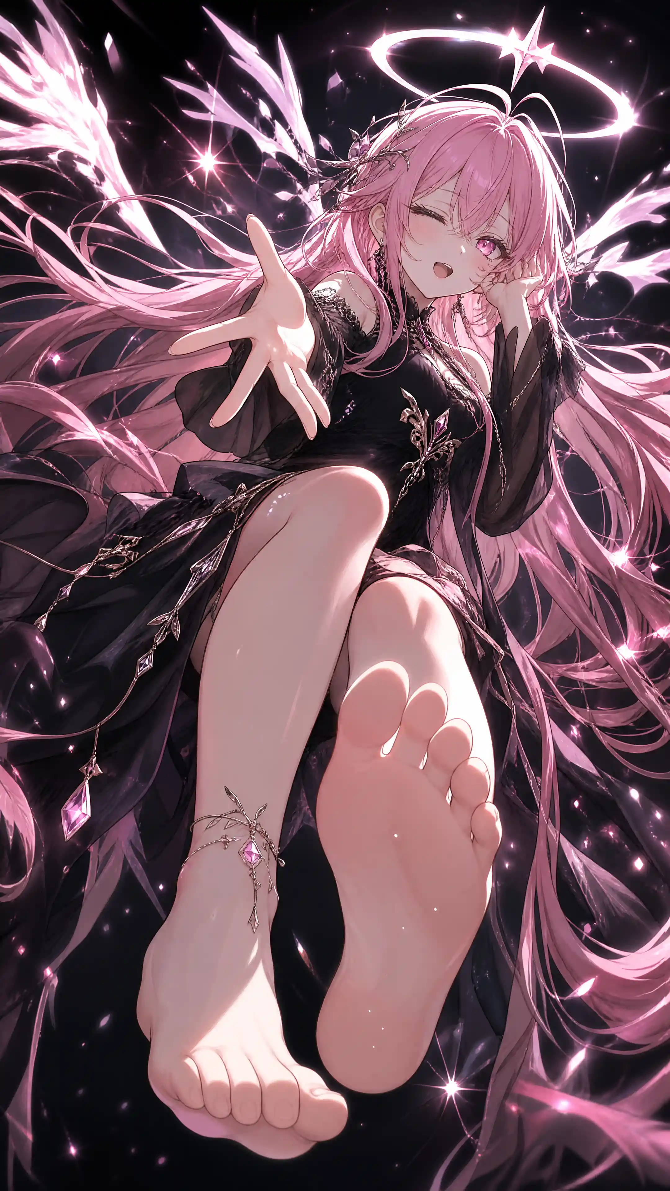 Anime girl with halo and wings in dynamic low angle pose