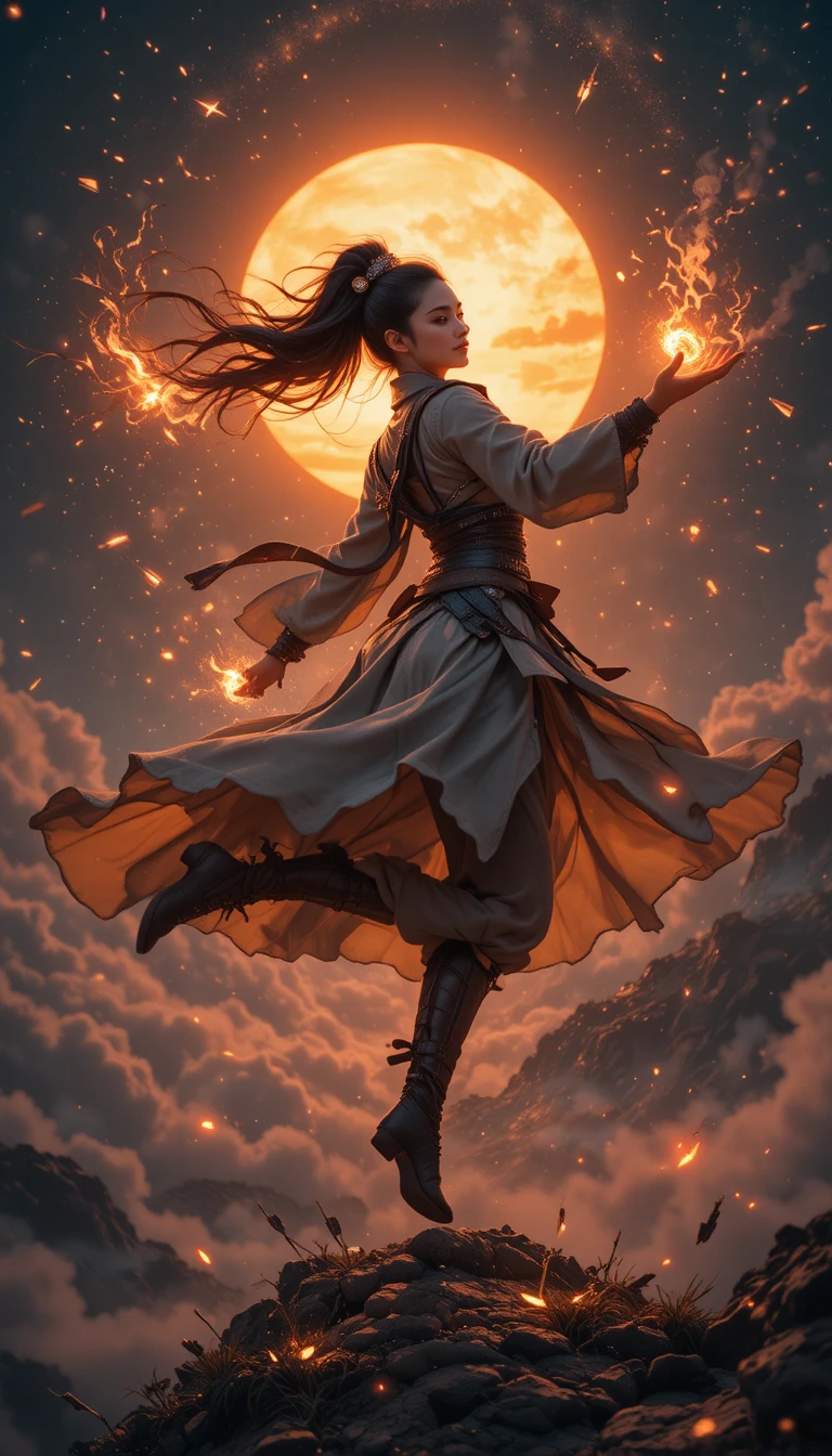 Samurai inspired woman leaping through glowing fantasy space