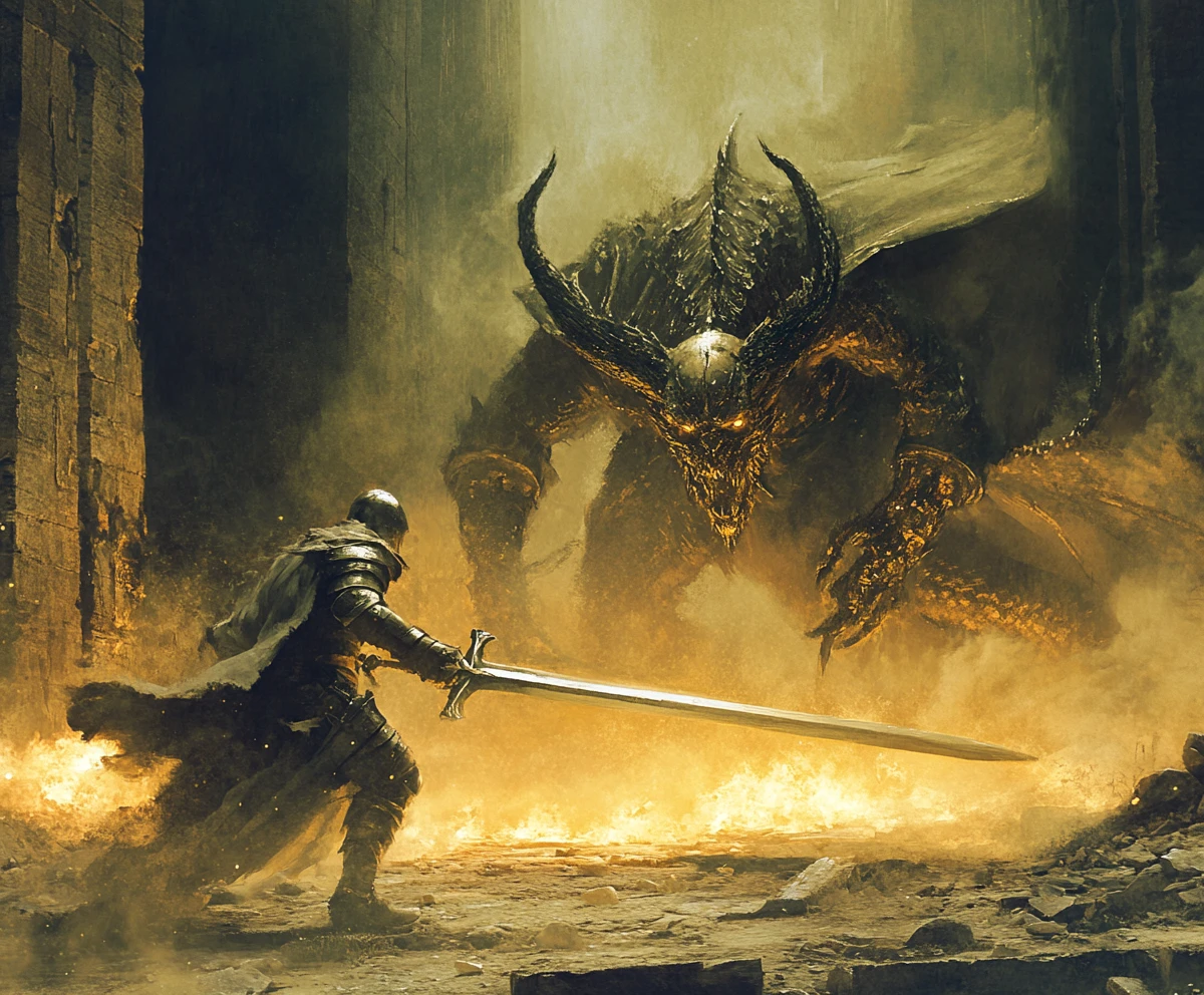 Medieval knight facing a massive dragon at dusk