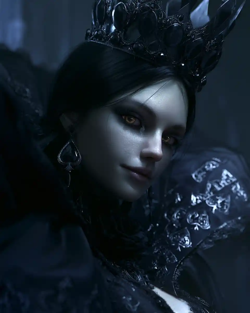 Gothic queen of spades on a moonlit palace balcony