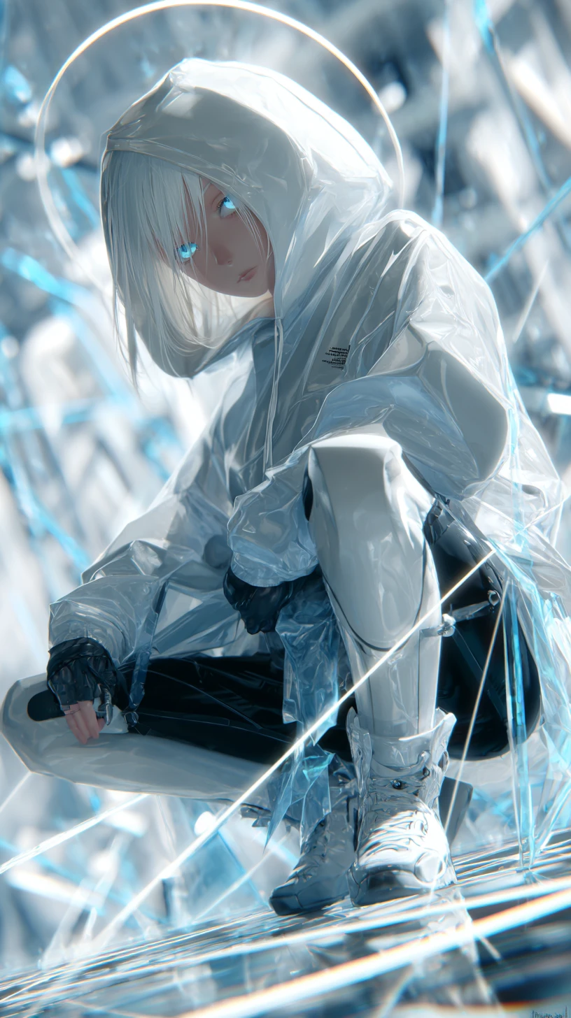 Cybernetic elf girl with laurel crown and glowing blue eyes